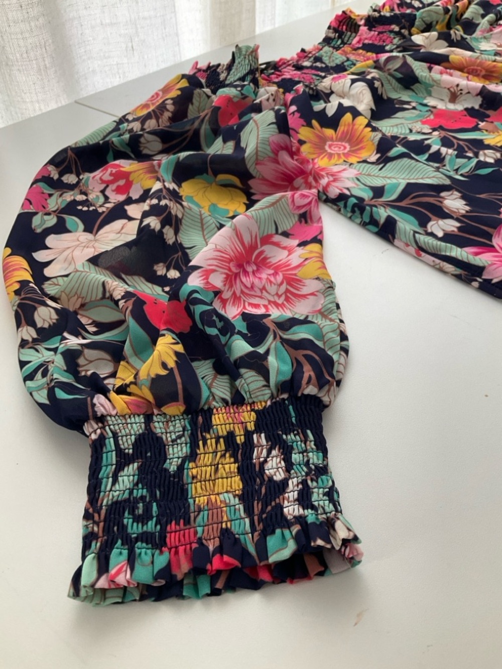 Umgee Medium Navy Floral Off-Shoulder Blouse with Pink, Yellow and Mint Accents - Picture 9 of 11